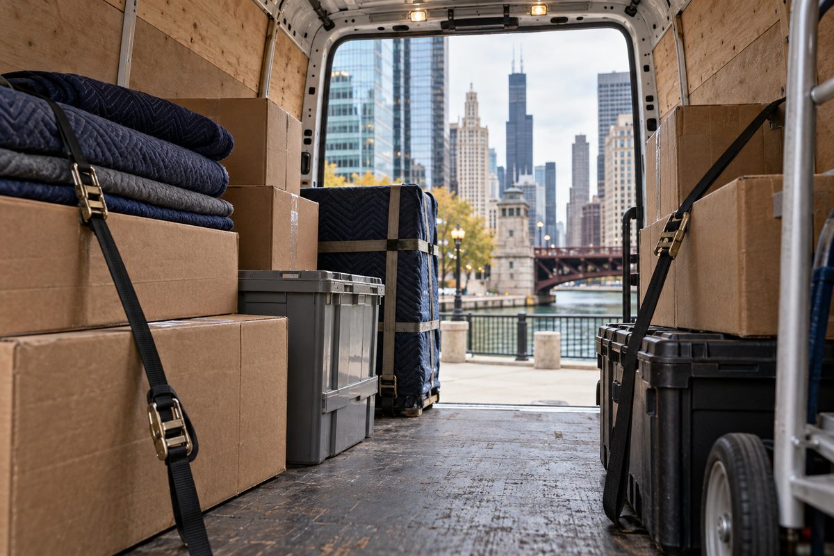 Cargo interior of a local delivery vehicle staged for same-day Chicago dispatch.